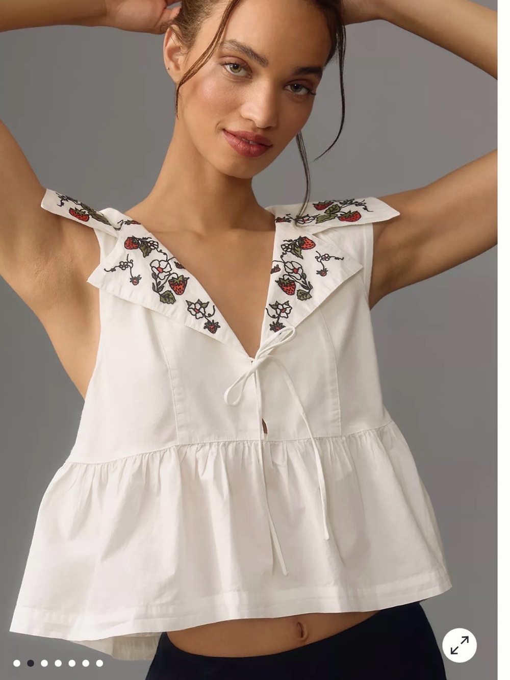 NWT Maeve White Sleeveless Peplum Top with Embroidered Strawberry Collar